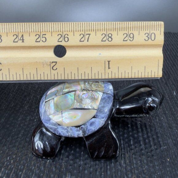 Hand Carved Small Black Turtle Abalone Mother Of Pearl Amphibian Figurine VTG - Picture 4 of 11
